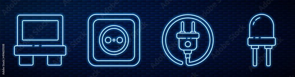 Set line Electric plug, Fuse, Electrical outlet and Light emitting diode. Glowing neon icon on brick