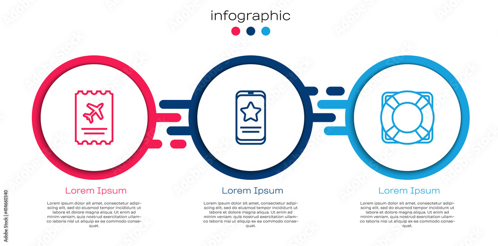设置线路机票，带审查评级的手机和救生圈。商业信息图模板。Vect