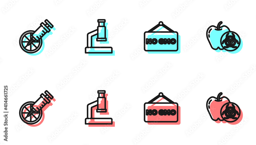 设定无转基因，转基因橙色，显微镜和苹果图标。矢量。