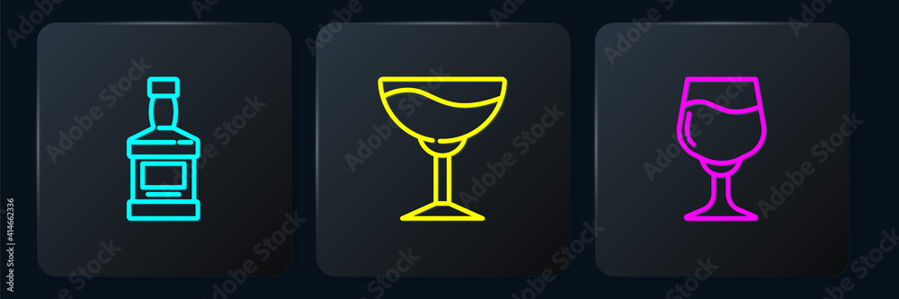 Set line Whiskey bottle, Wine glass and . Black square button. Vector.