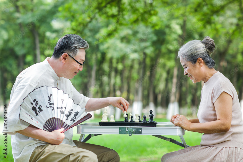 幸福的老夫妻在公园下棋