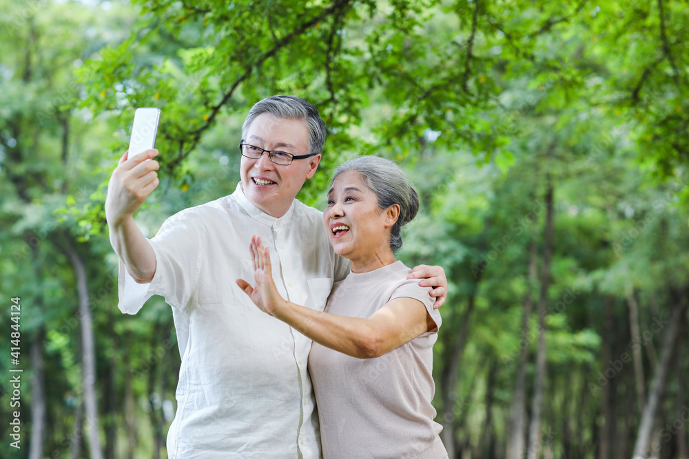 快乐的老夫妇在公园里用手机自拍