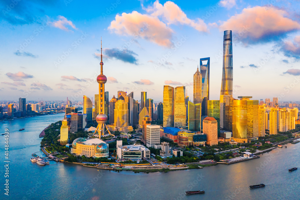 Aerial view of Shanghai skyline at sunset,China.