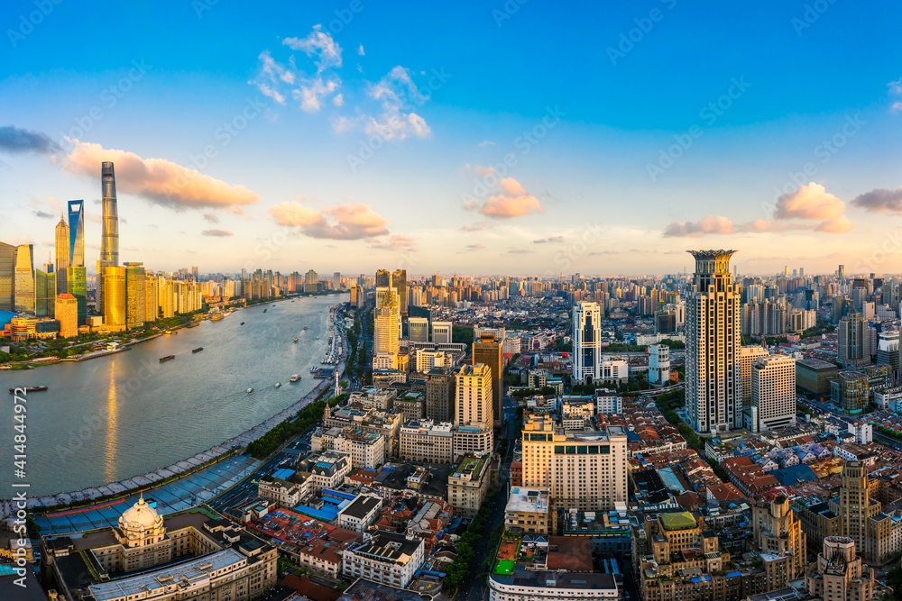 Aerial view of Shanghai skyline at sunset,China.