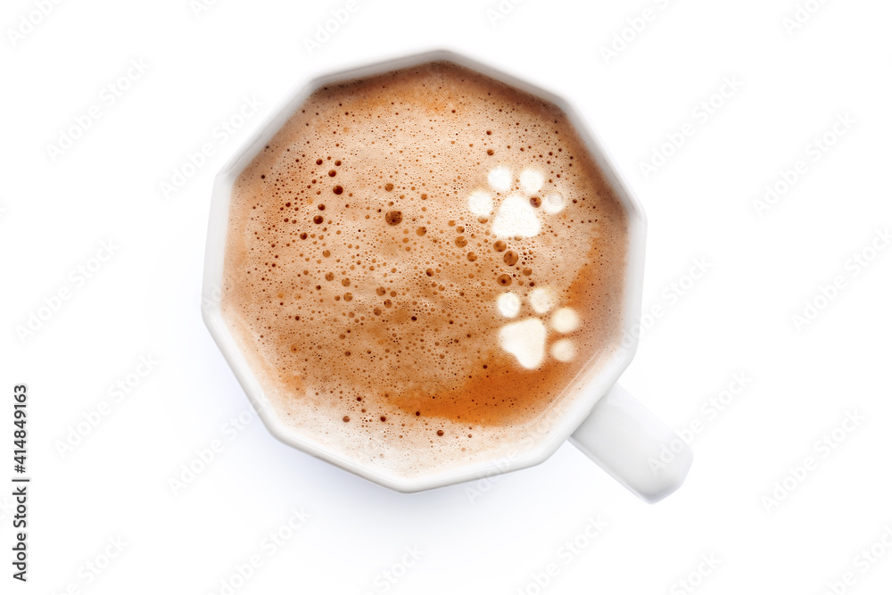 Cup of hot latte coffee on white background