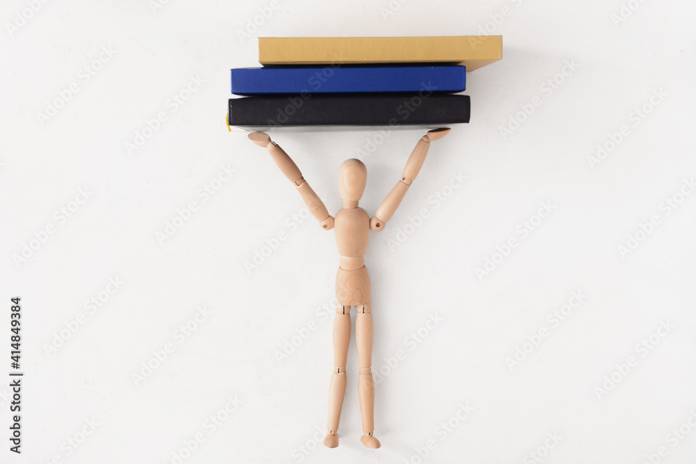 Wooden mannequins with books on white background