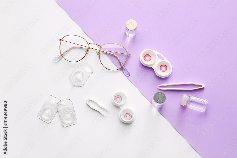 Composition with contact lenses and accessories on color background