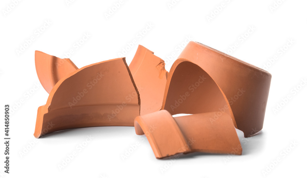 Broken flower pot on white background