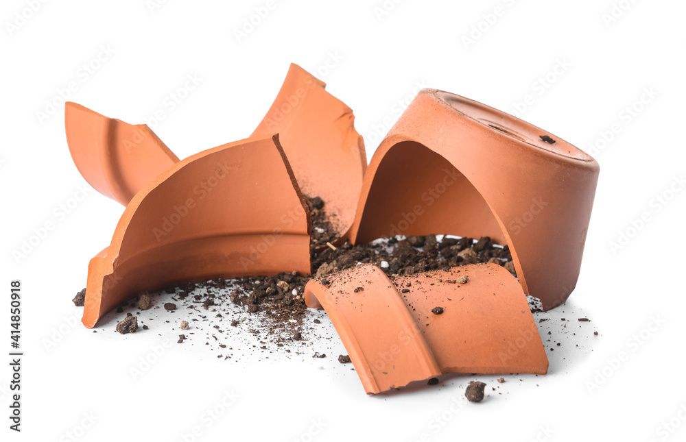 Broken flower pot on white background