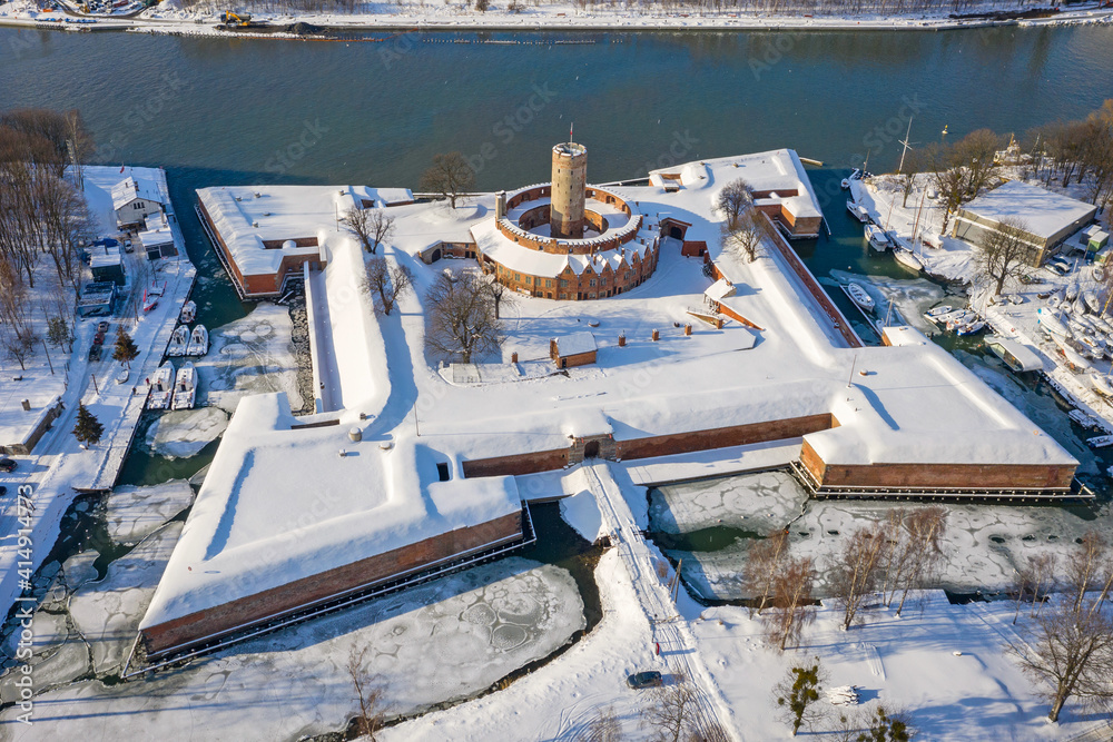 Top view of the Wisloujscie fortress at snowy winter, Gdansk. Poland.