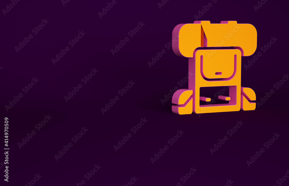 Orange Hiking backpack icon isolated on purple background. Camping and mountain exploring backpack. 