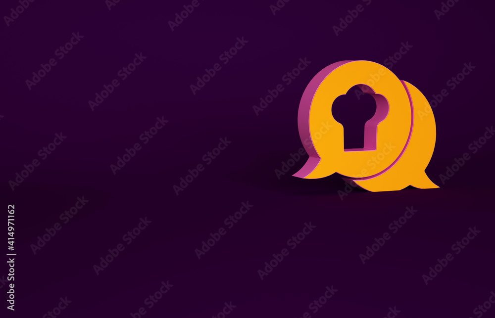 Orange Chef hat in speech bubble icon isolated on purple background. Cooking symbol. Cooks hat. Mini