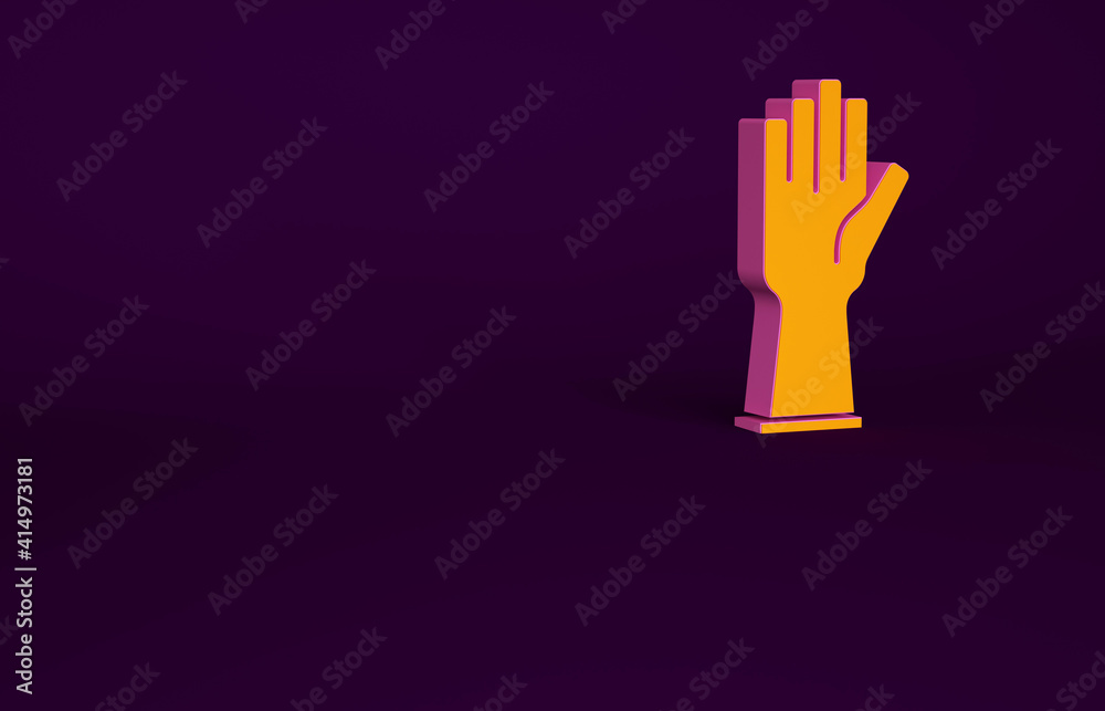 Orange Rubber gloves icon isolated on purple background. Latex hand protection sign. Housework clean