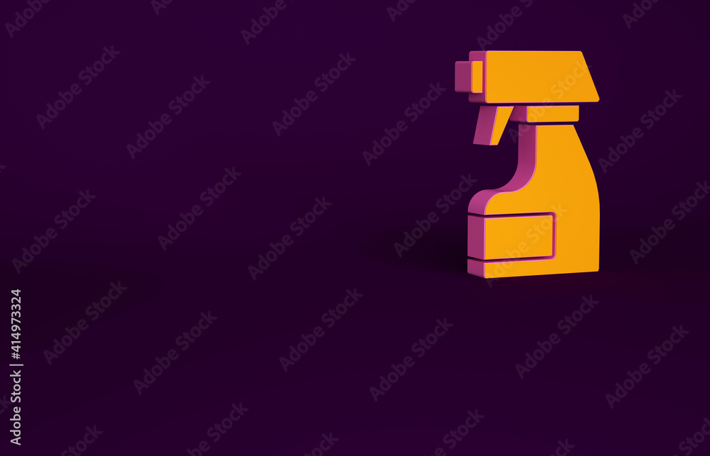 Orange Cleaning spray bottle with detergent liquid icon isolated on purple background. Stain remover