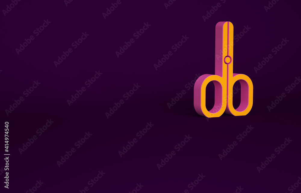 Orange Scissors icon isolated on purple background. Cutting tool sign. Minimalism concept. 3d illust