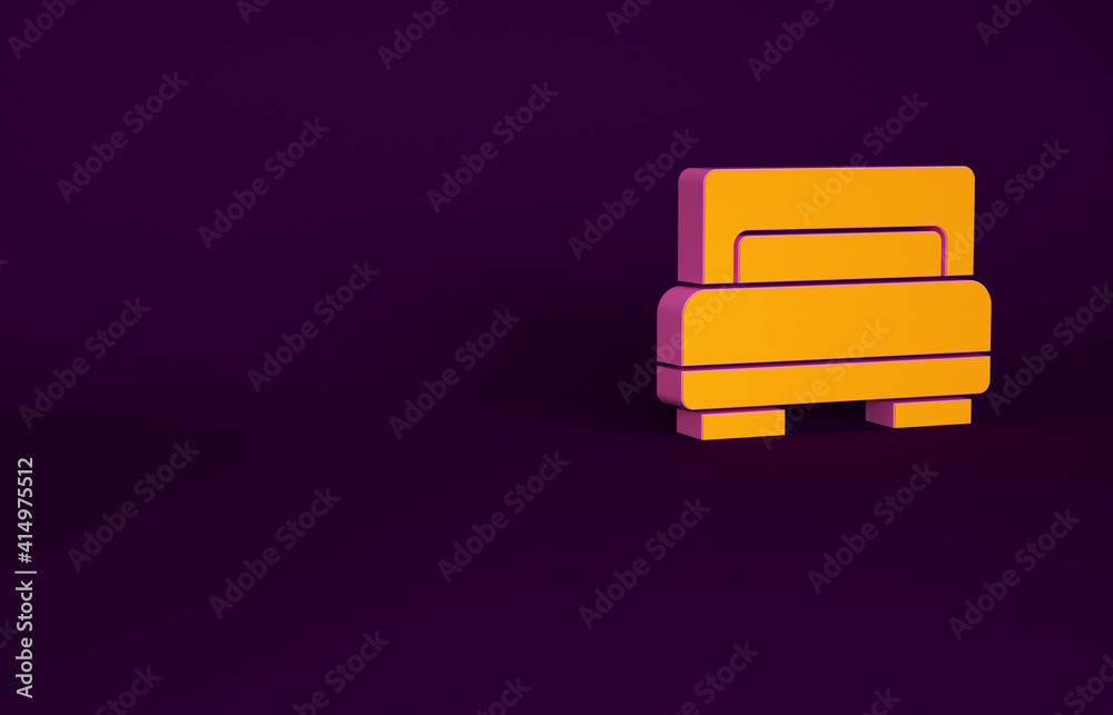 Orange Hotel room bed icon isolated on purple background. Minimalism concept. 3d illustration 3D ren