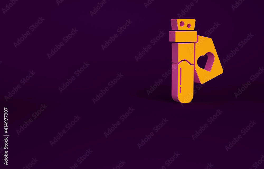 Orange Bottle with love potion icon isolated on purple background. Valentines day symbol. Minimalism