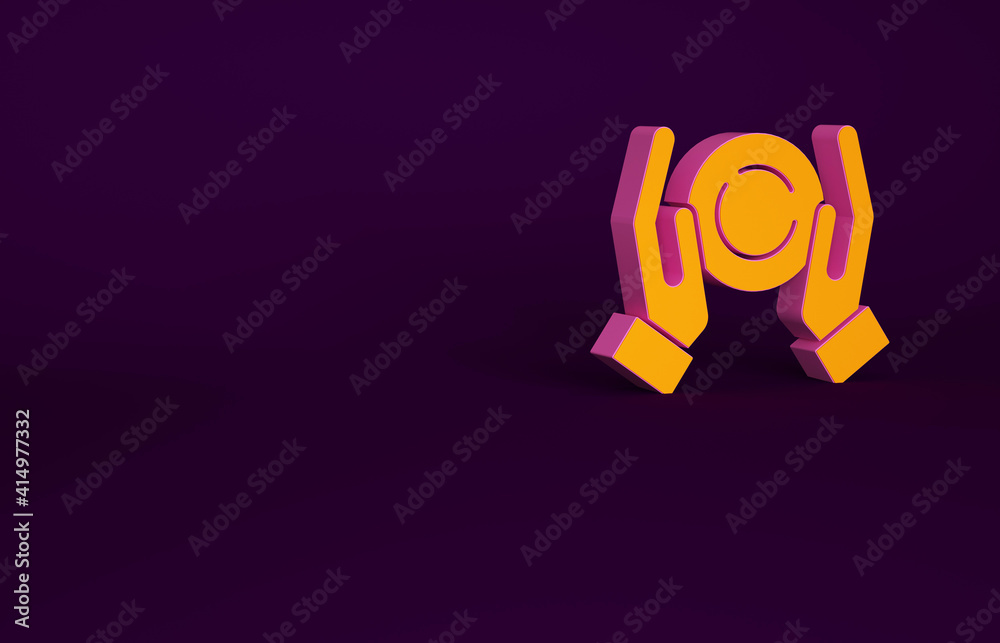 Orange Magic ball on hand icon isolated on purple background. Crystal ball. Minimalism concept. 3d i