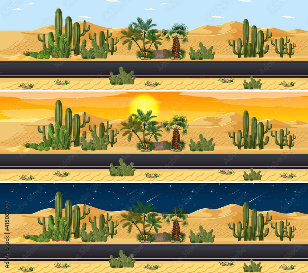 Desert landscape in different time in a day