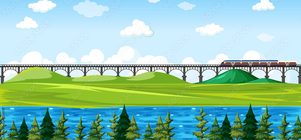 City nature park with train on skyline landscape scene