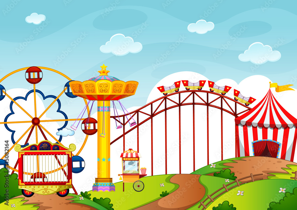 Amusement park with many rides and shops