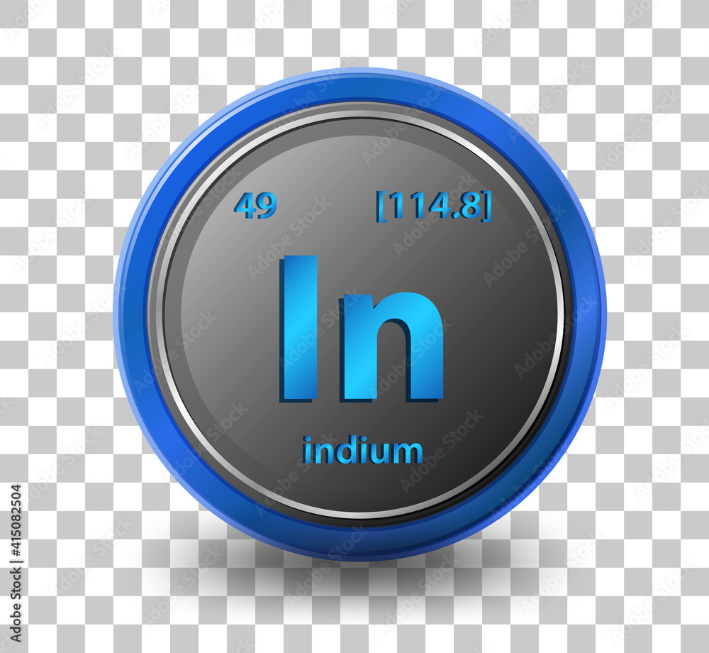 Indium chemical element. Chemical symbol with atomic number and atomic mass.