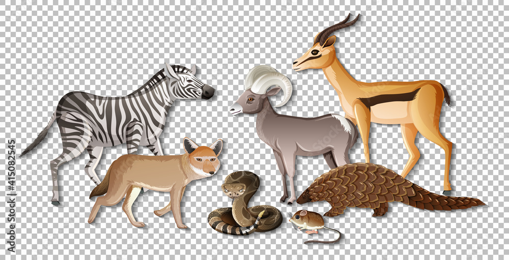 Group of wild african animals on transparent background