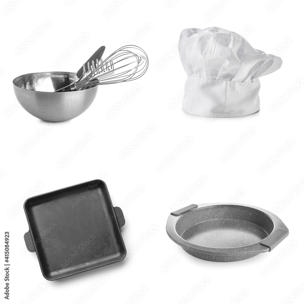 Set of kitchen utensils for bakery and chefs hat on white background