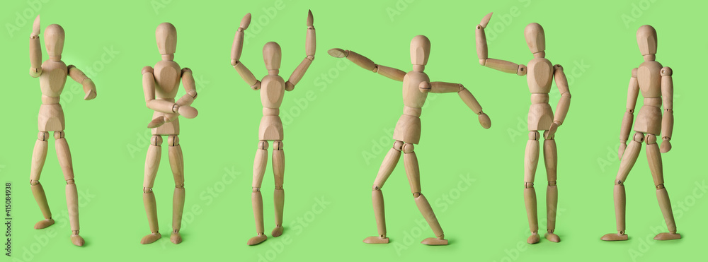 Collage of wooden mannequin on color background