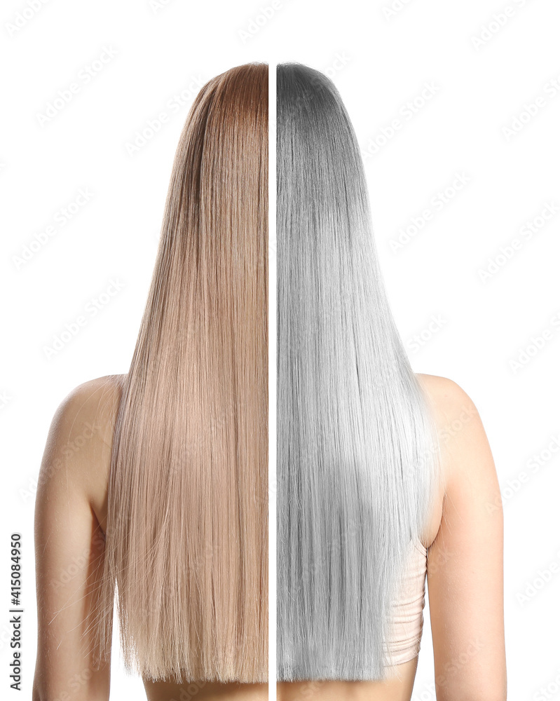 Comparison of woman with young and grey hair on white background, back view