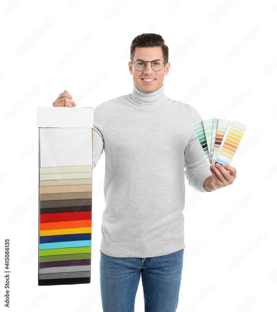 Male interior designer on white background