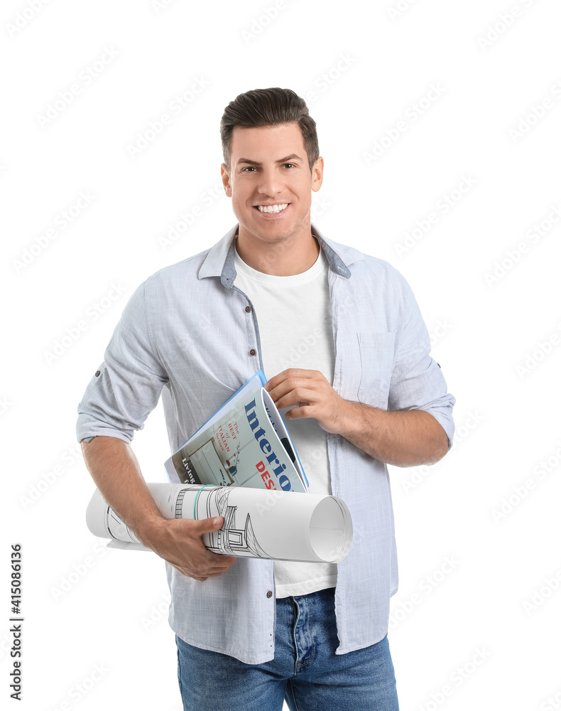 Male interior designer on white background