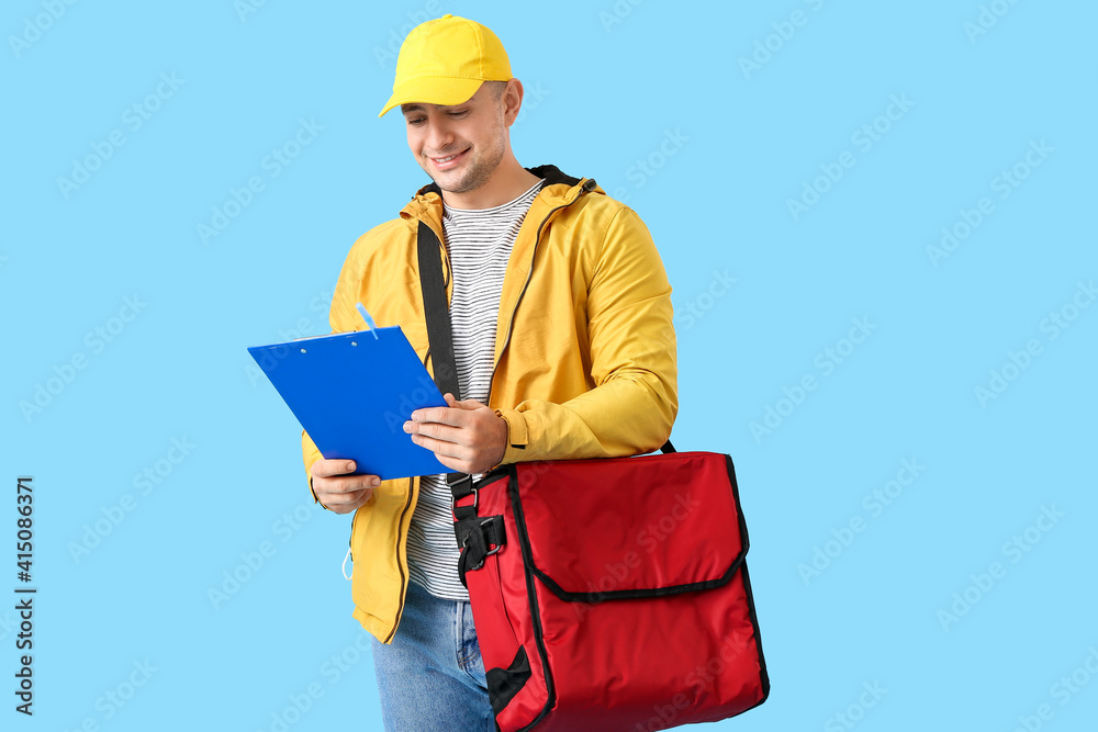 Courier of food delivery service on color background