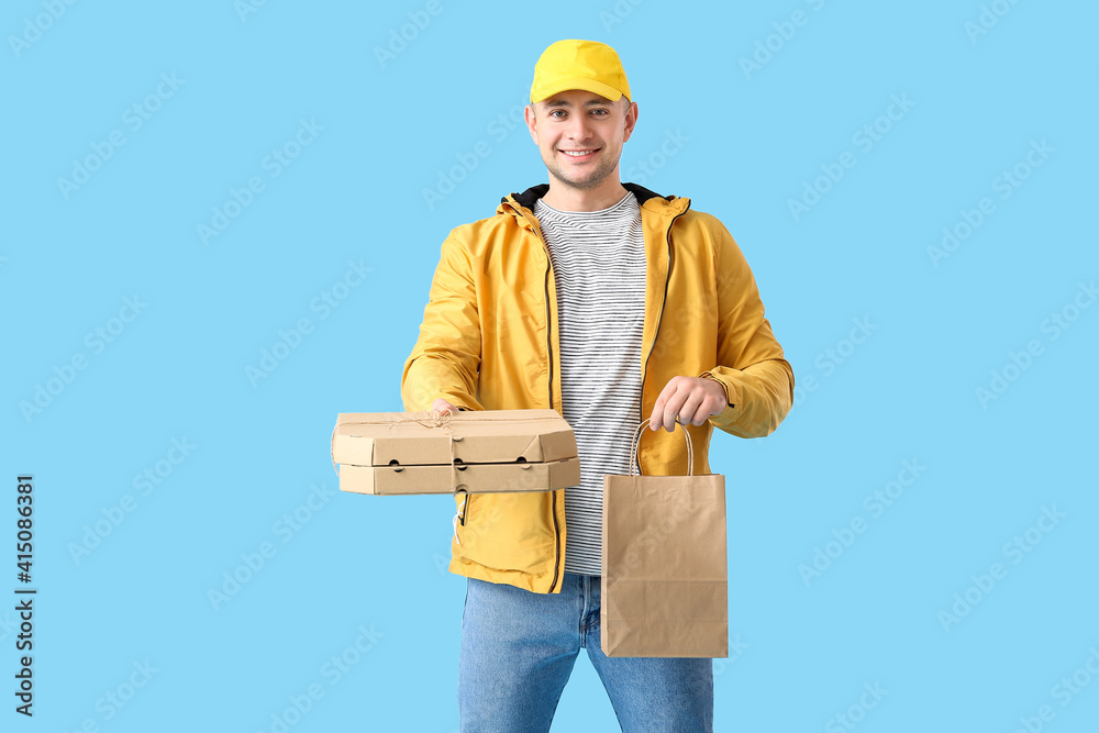 Courier of food delivery service on color background