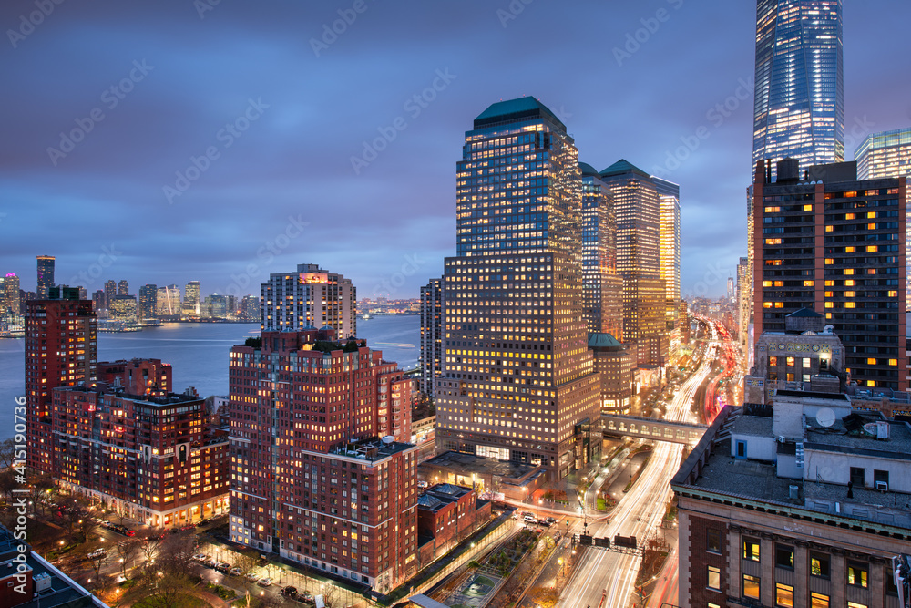 New York, New York, USA financial district cityscape over the West Side Highway