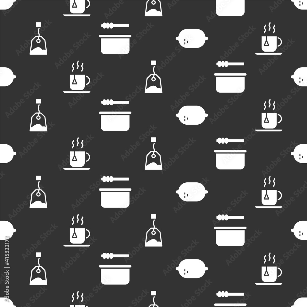 Set Lemon, Cup of tea with tea bag, Tea bag and Sauna bucket and ladle on seamless pattern. Vector.