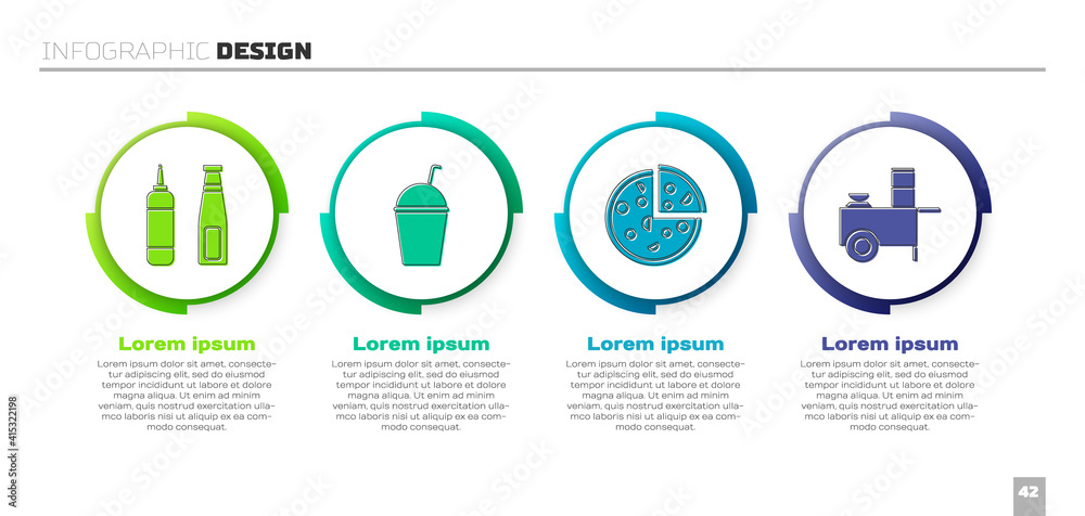 设置酱瓶、奶昔、披萨和快餐车。商业信息图模板。矢量。
