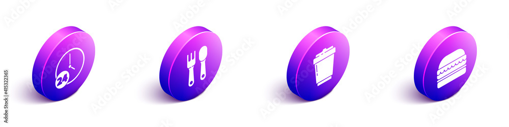 Set Isometric Clock 24 hours, Fork and spoon, Coffee cup to go and Burger icon. Vector.