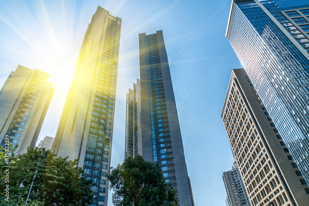 Looking up at the commercial buildings in downtown Guangzhou, China