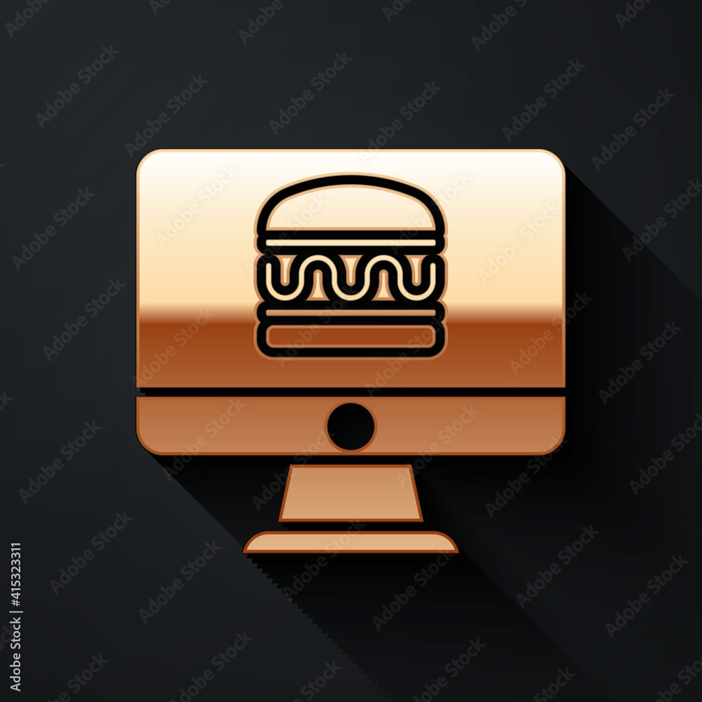 Gold Online ordering and fast food delivery icon isolated on black background. Long shadow style. Ve