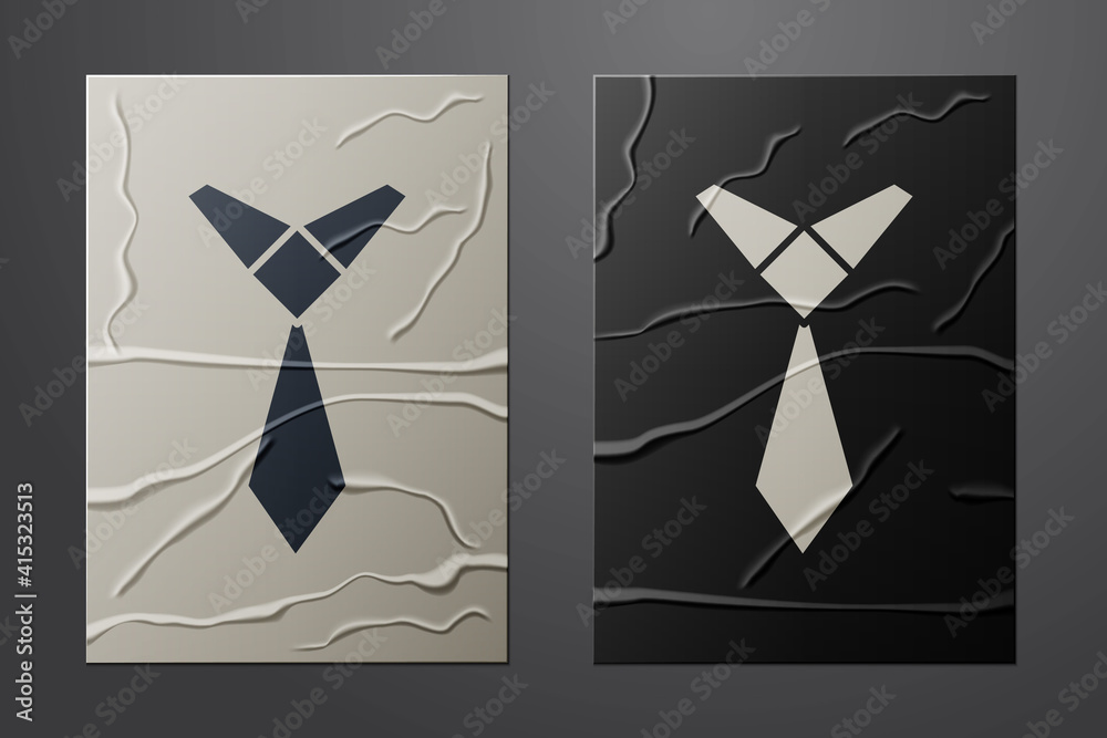 White Tie icon isolated on crumpled paper background. Necktie and neckcloth symbol. Paper art style.