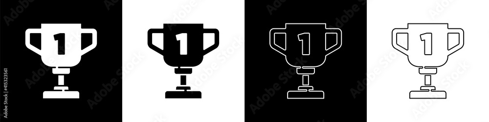 Set Award cup icon isolated on black and white background. Winner trophy symbol. Championship or com