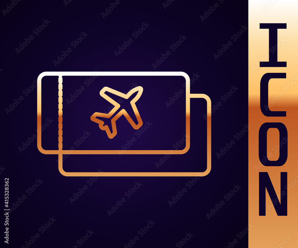 Gold line Airline ticket icon isolated on black background. Plane ticket. Vector Illustration.