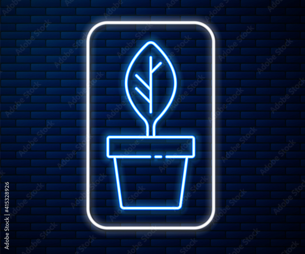 Glowing neon line Plant in pot icon isolated on brick wall background. Plant growing in a pot. Potte