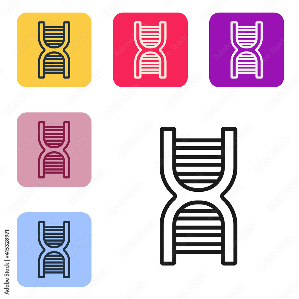 在白色背景上隔离的黑线DNA符号图标。将图标设置为彩色方形按钮。矢量。