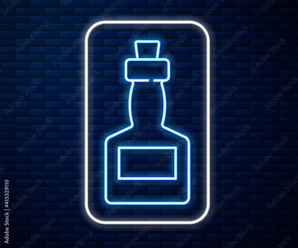 Glowing neon line Tabasco sauce icon isolated on brick wall background. Chili cayenne spicy pepper s