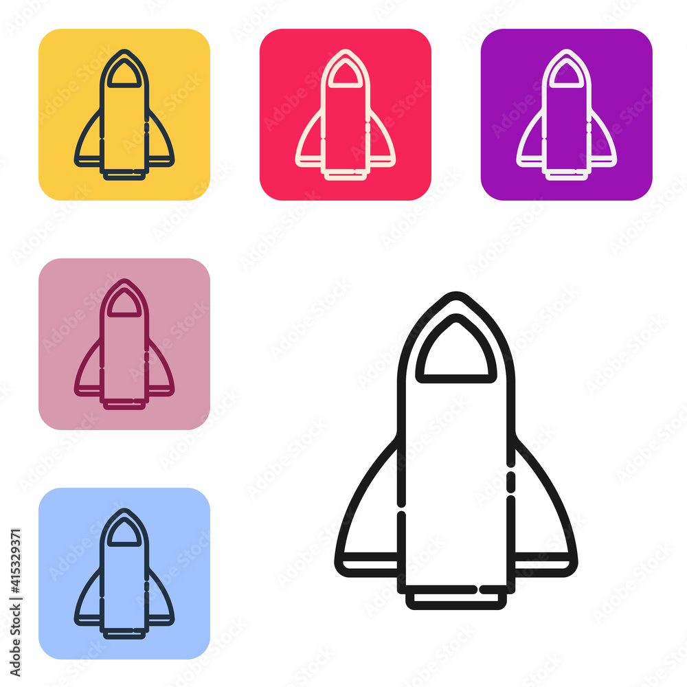 Black line Rocket ship icon isolated on white background. Space travel. Set icons in color square bu