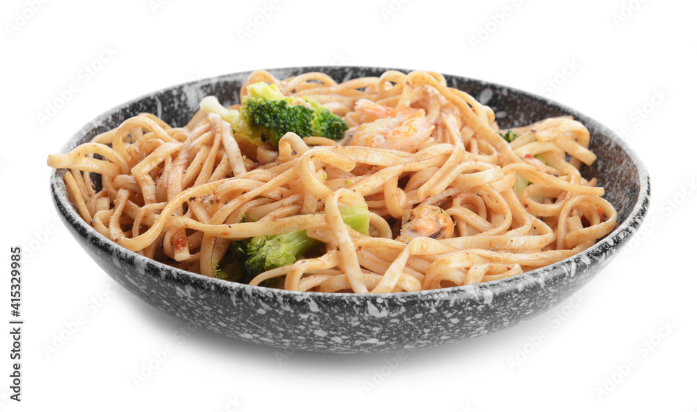 Plate with tasty noodles and seafood on white background