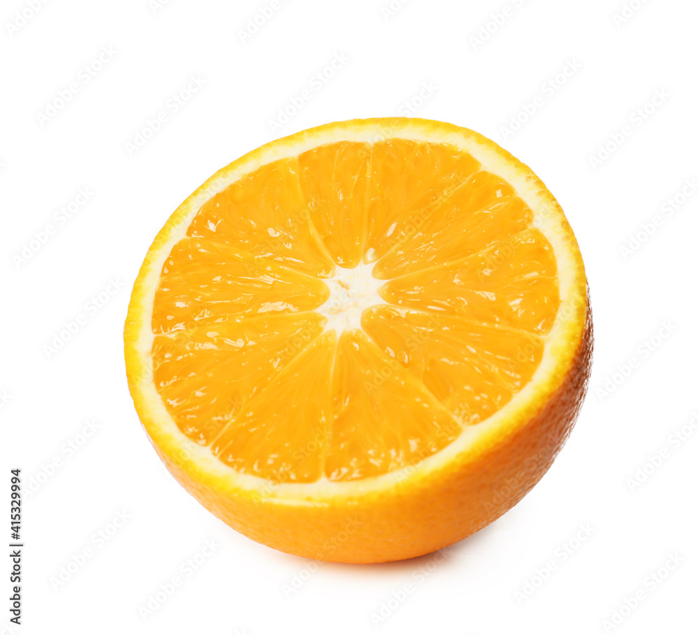 Cut juicy orange on white background