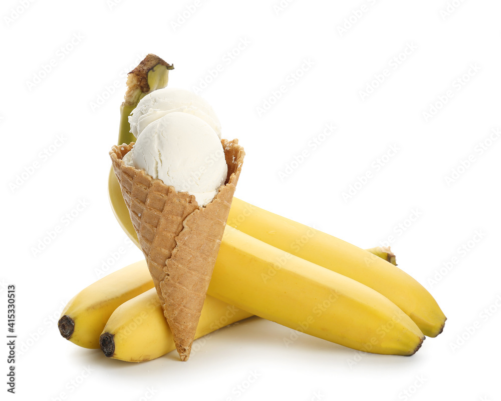 Tasty ice cream and sweet bananas on white background